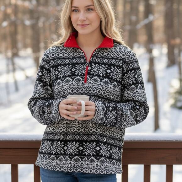 Lands' End Fair Isle 1/4 Zip Pullover Womens Size 1X Black Snowflake Fleece - Picture 9 of 9